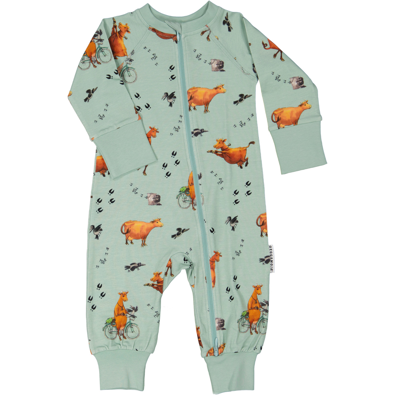 Mamma Moo and Crow two way zip pyjamas Frosty green