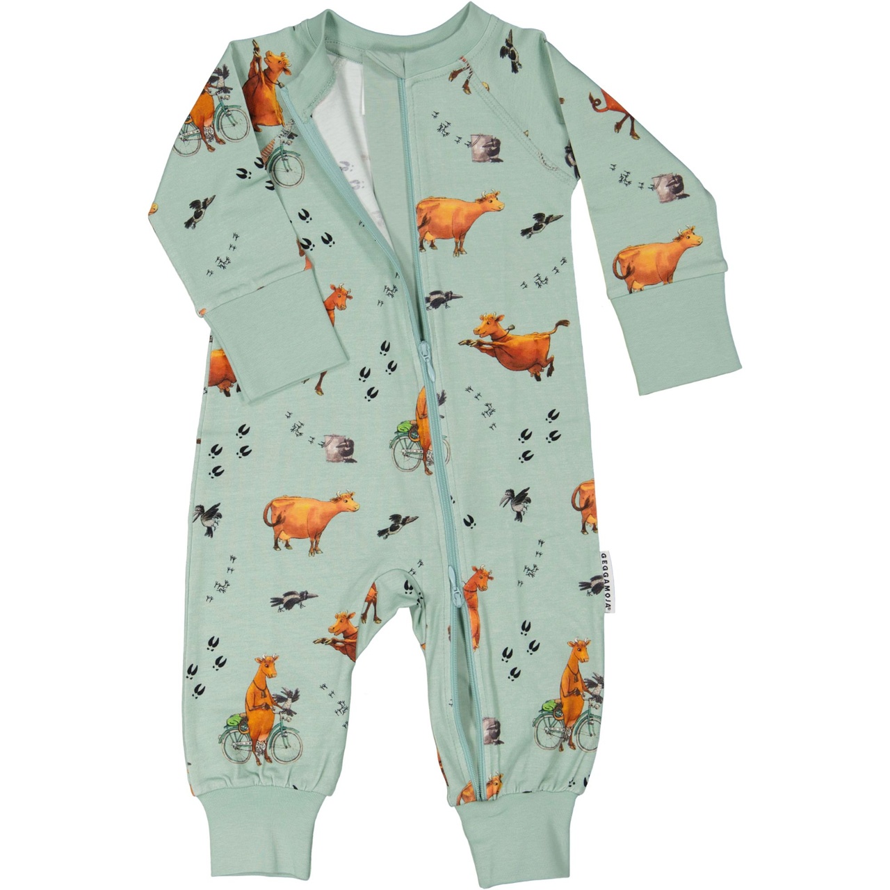 Mamma Moo and Crow two way zip pyjamas Frosty green