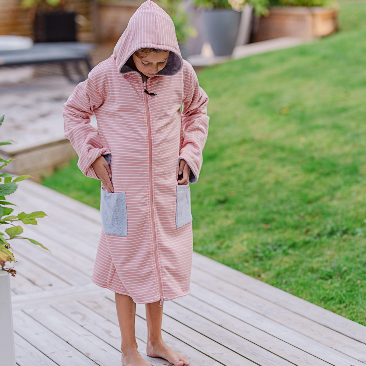 Kids Bathrobe Greymel/pink str  74/80