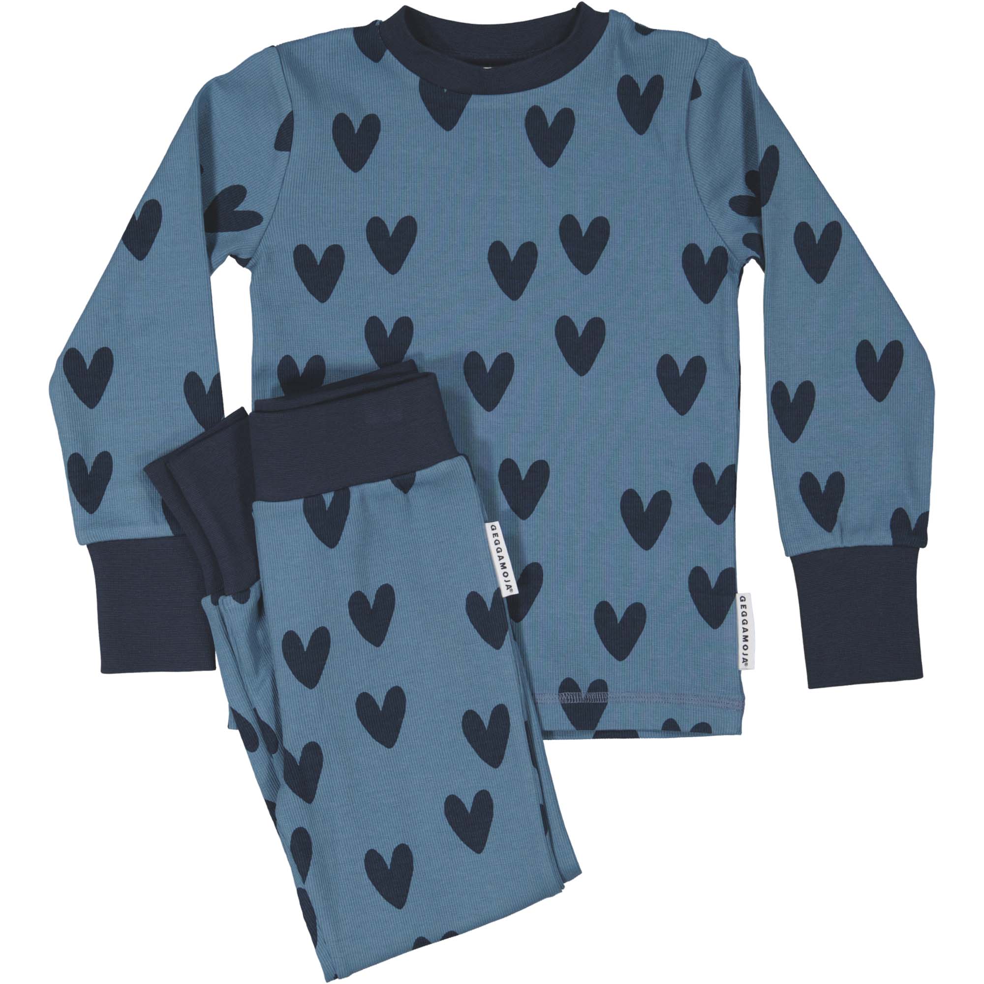 Tvådelad pyjamas i bomullsribb Blå hjärtan